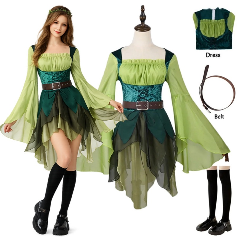 Medieval Renaissance Dress Women - Damska średniowieczna zielona sukienka elfa, magiczna