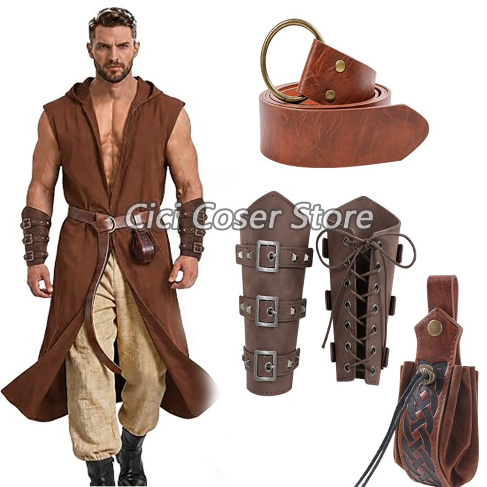 Costumes - Średniowieczny zestaw: skórzany pas, naramienniki, saszetka